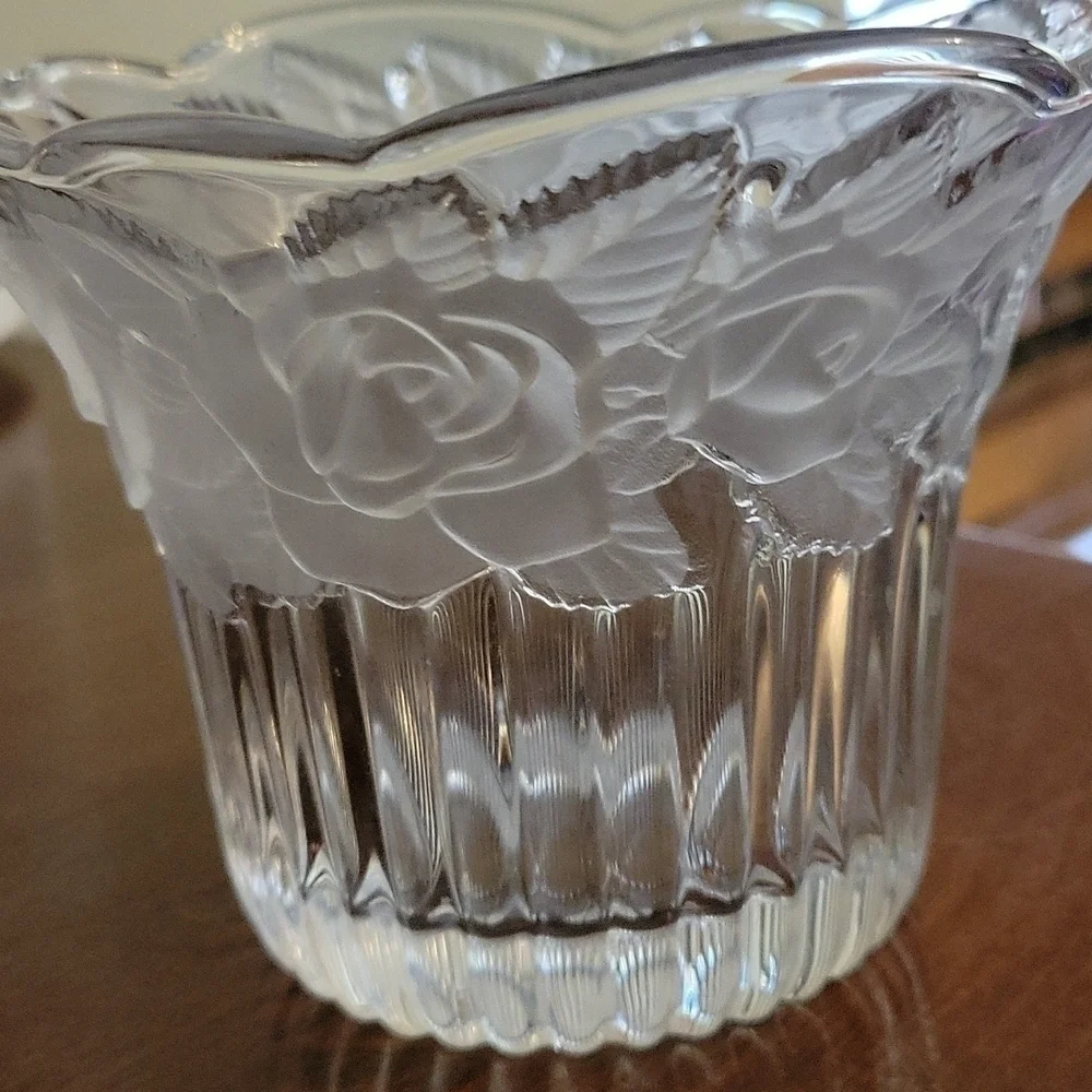 VTG Frosted Rose Clear Cut Glass Potpourri Candy Dish Vase